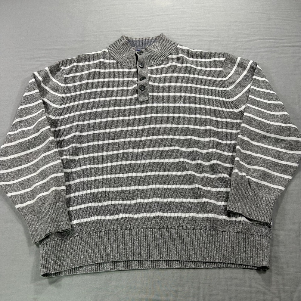 Nautica Sweater Mens XXL 2XL Gray Striped Henley Casual Preppy Sweatshirt‎ Adult